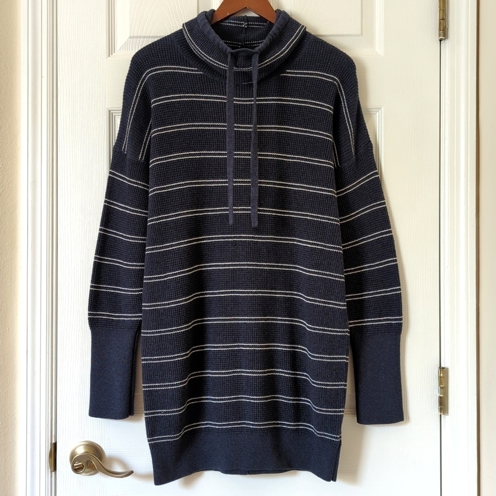 Prana Milani Nautical Stripe Waffle Knit Mock Neck Long Sleeve Mini Dress Navy M